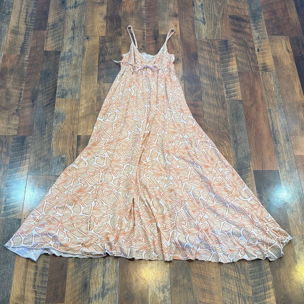 Elegant orange/tan/white Patterned Maxi Dress S (6001)